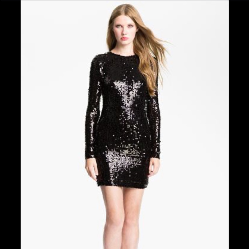 FRENCH CONNECTION BLACK LONG SLEEVE SEQUIN MINI DRESS